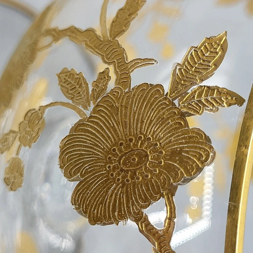 Vintage MCM Gold Encrusted Floral Glass Compote Footed Bowl Dish Clear